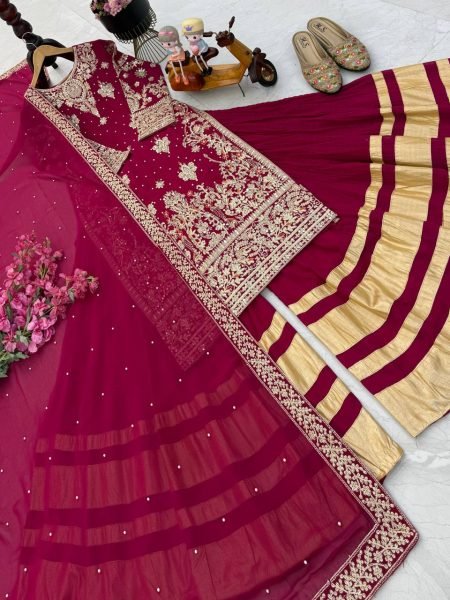 Maroon Fox Georgette Palazzo Suit with Heavy Embroidery and Dupatta Perfect for Weddings Ready To Wear Collection