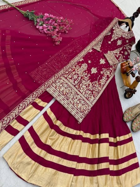 Maroon Fox Georgette Palazzo Suit with Heavy Embroidery and Dupatta Perfect for Weddings Ready To Wear Collection