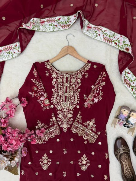 Maroon French Crepe Embroidered Kurti with Moss Satin Silk Farshi Palazzo Ready To Wear Collection