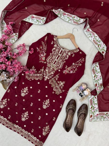 Maroon French Crepe Embroidered Kurti with Moss Satin Silk Farshi Palazzo Ready To Wear Collection