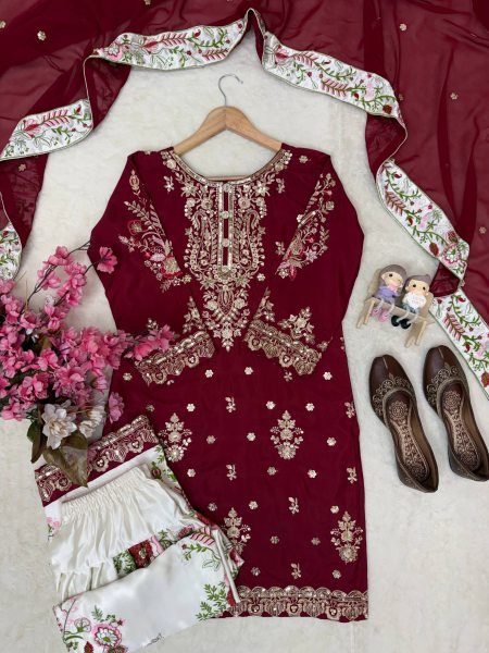 Maroon French Crepe Embroidered Kurti with Moss Satin Silk Farshi Palazzo Ready To Wear Collection
