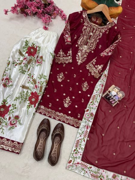 Maroon French Crepe Embroidered Kurti with Moss Satin Silk Farshi Palazzo Ready To Wear Collection