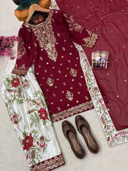 Maroon French Crepe Embroidered Kurti with Moss Satin Silk Farshi Palazzo Ready To Wear Collection