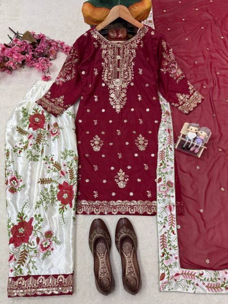 Maroon French Crepe Embroidered Kurti with Moss Satin Silk Farshi Palazzo Ready To Wear Collection