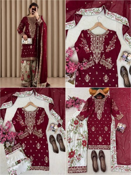 Maroon French Crepe Embroidered Kurti with Moss Satin Silk Farshi Palazzo Ready To Wear Collection