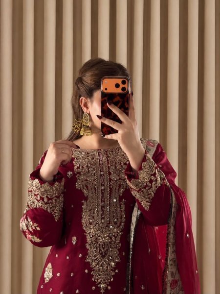 Maroon French Crepe Embroidered Kurti with Moss Satin Silk Farshi Palazzo Ready To Wear Collection