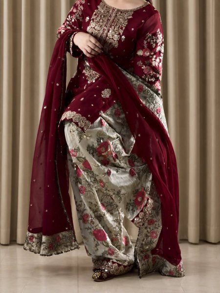 Maroon French Crepe Embroidered Kurti with Moss Satin Silk Farshi Palazzo Ready To Wear Collection