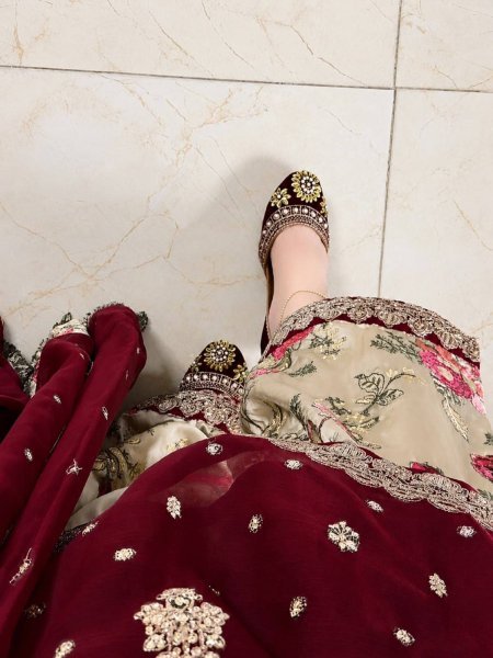 Maroon French Crepe Embroidered Kurti with Moss Satin Silk Farshi Palazzo Ready To Wear Collection