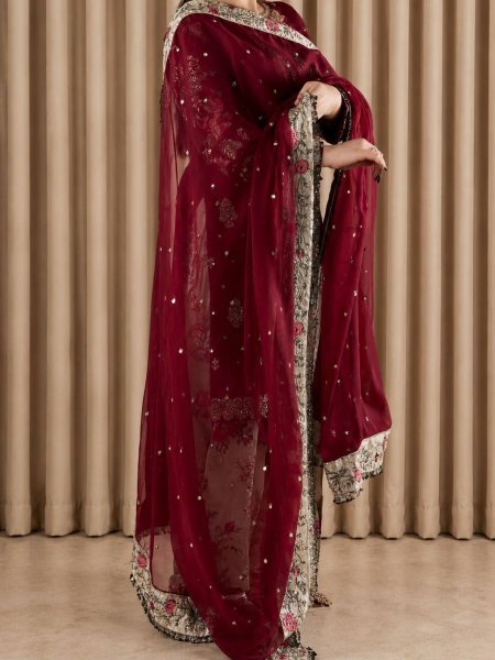 Maroon French Crepe Embroidered Kurti with Moss Satin Silk Farshi Palazzo Ready To Wear Collection