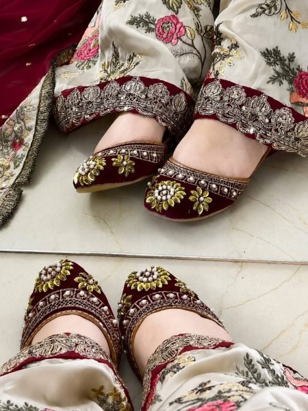 Maroon French Crepe Embroidered Kurti with Moss Satin Silk Farshi Palazzo Ready To Wear Collection