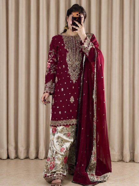 Maroon French Crepe Embroidered Kurti with Moss Satin Silk Farshi Palazzo Ready To Wear Collection