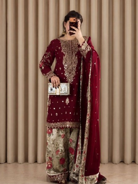 Maroon French Crepe Embroidered Kurti with Moss Satin Silk Farshi Palazzo Ready To Wear Collection