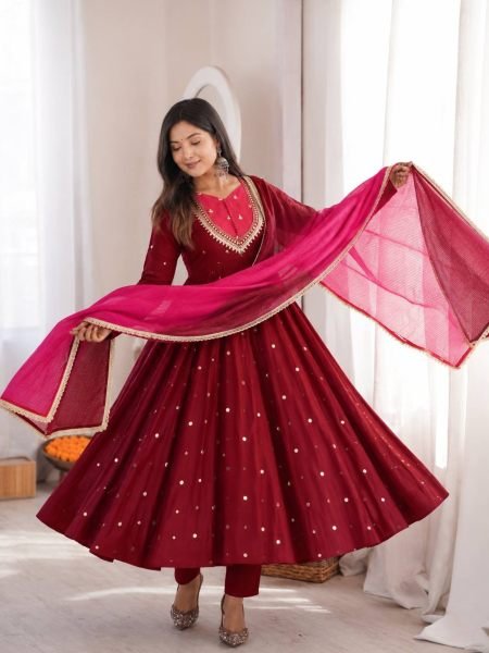 Maroon Fully Stitched Roman Silk Anarkali Gown with Heavy Micro Cotton Inner 