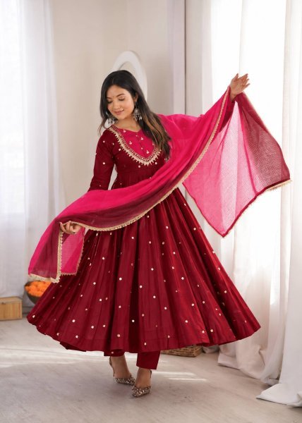 Maroon Fully Stitched Roman Silk Anarkali Gown with Heavy Micro Cotton Inner Ready To Wear Collection