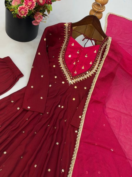Maroon Fully Stitched Roman Silk Anarkali Gown with Heavy Micro Cotton Inner Ready To Wear Collection