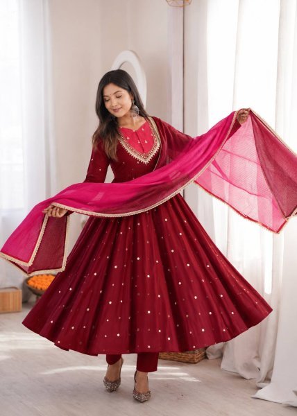 Maroon Fully Stitched Roman Silk Anarkali Gown with Heavy Micro Cotton Inner Ready To Wear Collection