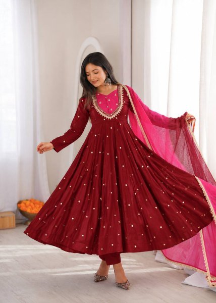 Maroon Fully Stitched Roman Silk Anarkali Gown with Heavy Micro Cotton Inner Ready To Wear Collection