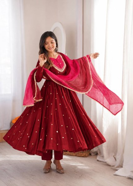Maroon Fully Stitched Roman Silk Anarkali Gown with Heavy Micro Cotton Inner Ready To Wear Collection