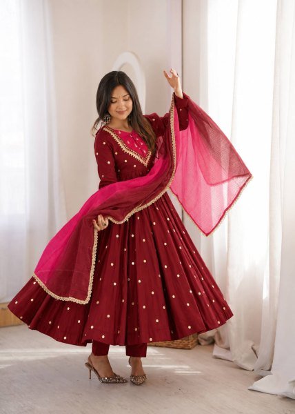 Maroon Fully Stitched Roman Silk Anarkali Gown with Heavy Micro Cotton Inner Ready To Wear Collection