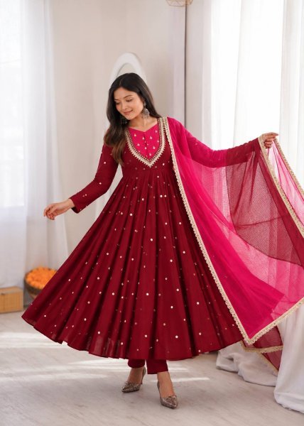 Maroon Fully Stitched Roman Silk Anarkali Gown with Heavy Micro Cotton Inner Ready To Wear Collection