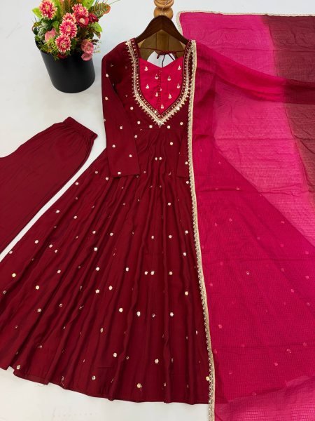 Maroon Fully Stitched Roman Silk Anarkali Gown with Heavy Micro Cotton Inner Ready To Wear Collection