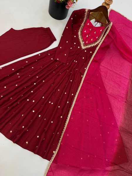 Maroon Fully Stitched Roman Silk Anarkali Gown with Heavy Micro Cotton Inner Ready To Wear Collection