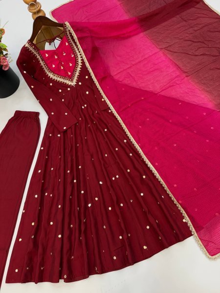 Maroon Fully Stitched Roman Silk Anarkali Gown with Heavy Micro Cotton Inner Ready To Wear Collection