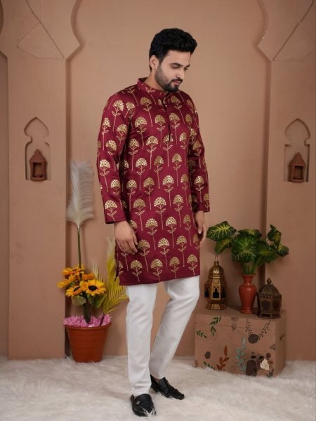 Maroon Gadhval Silk Kurta With Gold Foil Print Floral Motifs And Heavy Embroidery Sequence Work Kurta Pajama Wholesale