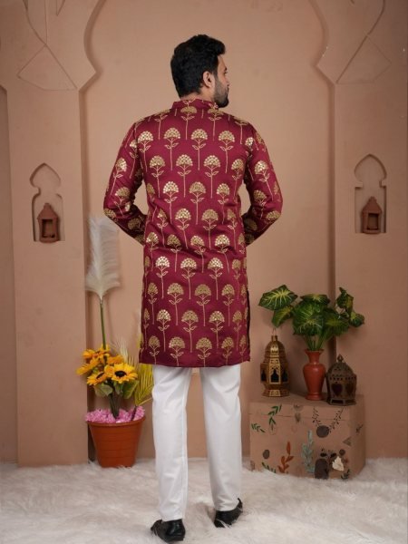 Maroon Gadhval Silk Kurta With Gold Foil Print Floral Motifs And Heavy Embroidery Sequence Work Kurta Pajama Wholesale