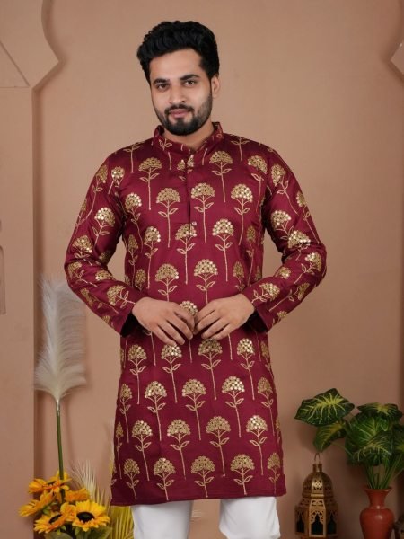 Maroon Gadhval Silk Kurta With Gold Foil Print Floral Motifs And Heavy Embroidery Sequence Work Kurta Pajama Wholesale