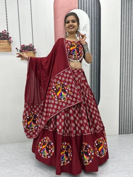 Maroon Gamathi Work Lehenga Choli Set Pure Cotton Grace for Dandiya Nights  Lehenga