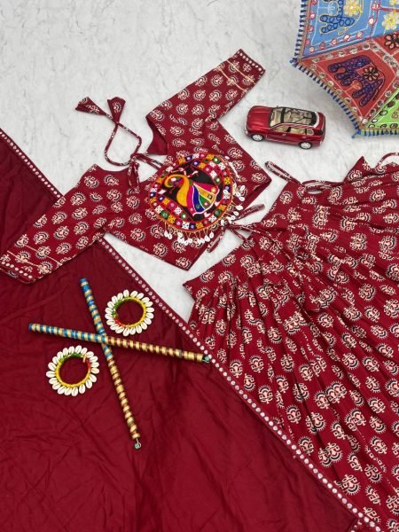 Maroon Gamathi Work Lehenga Choli Set Pure Cotton Grace for Dandiya Nights Navratri Lehnega Choli