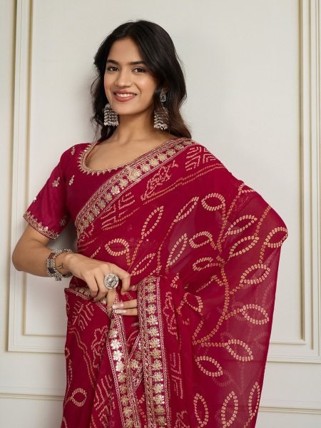 Maroon Georgette Bandhej Saree with Zari Border Wedding Collection Sarees 
