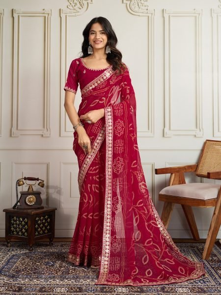 Maroon Georgette Bandhej Saree with Zari Border Wedding Collection Bandhej Sarees Wholesale