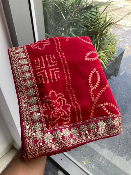 Maroon Georgette Bandhej Saree with Zari Border Wedding Collection Bandhej Sarees Wholesale
