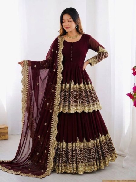 Dapper Maroon Georgette Lehenga with Embroidered Top with Lace Border Dupatta For Special Occasions Ready To Wear Suit
