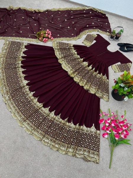 Dapper Maroon Georgette Lehenga with Embroidered Top with Lace Border Dupatta For Special Occasions Ready To Wear Collection