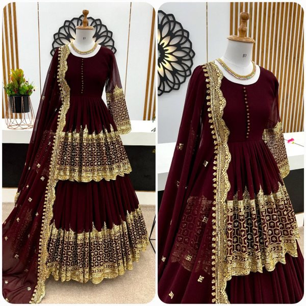Dapper Maroon Georgette Lehenga with Embroidered Top with Lace Border Dupatta For Special Occasions Ready To Wear Collection
