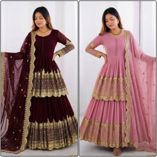Dapper Maroon Georgette Lehenga with Embroidered Top with Lace Border Dupatta For Special Occasions Ready To Wear Collection