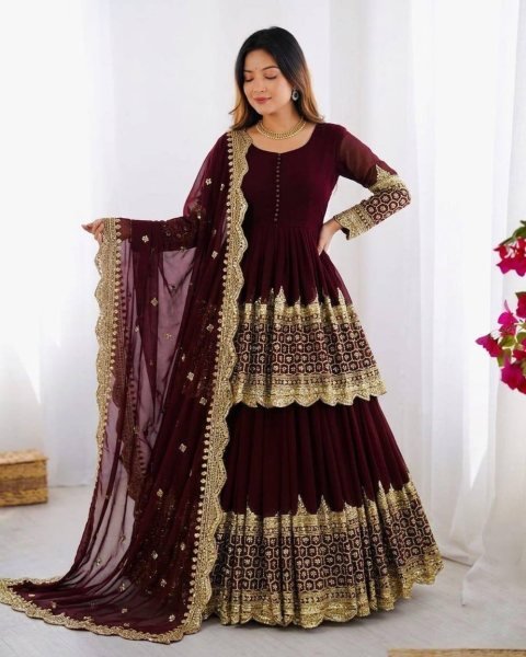 Dapper Maroon Georgette Lehenga with Embroidered Top with Lace Border Dupatta For Special Occasions Ready To Wear Collection