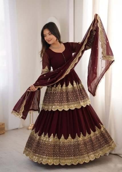 Dapper Maroon Georgette Lehenga with Embroidered Top with Lace Border Dupatta For Special Occasions Ready To Wear Collection