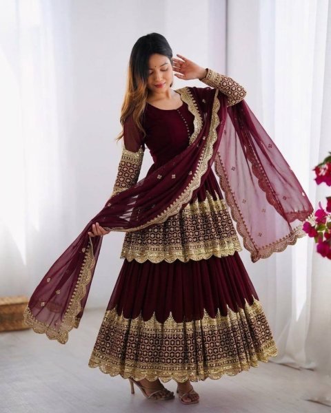 Dapper Maroon Georgette Lehenga with Embroidered Top with Lace Border Dupatta For Special Occasions Ready To Wear Collection