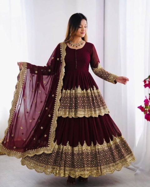 Dapper Maroon Georgette Lehenga with Embroidered Top with Lace Border Dupatta For Special Occasions Ready To Wear Collection