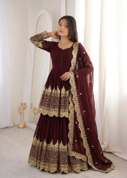 Dapper Maroon Georgette Lehenga with Embroidered Top with Lace Border Dupatta For Special Occasions Ready To Wear Collection