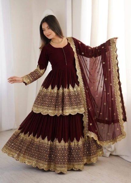 Dapper Maroon Georgette Lehenga with Embroidered Top with Lace Border Dupatta For Special Occasions Ready To Wear Collection