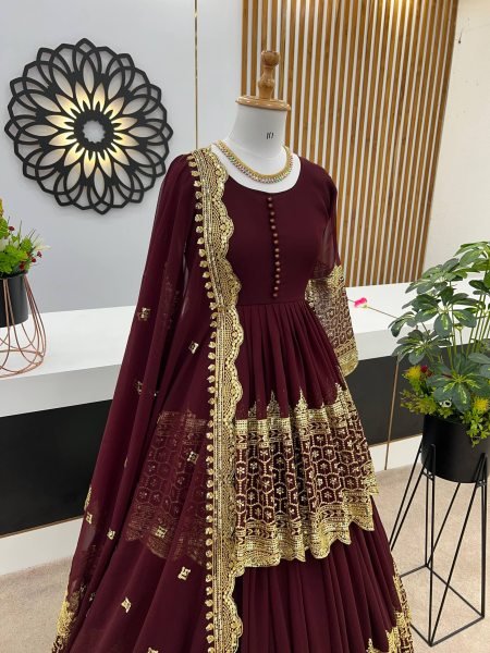 Dapper Maroon Georgette Lehenga with Embroidered Top with Lace Border Dupatta For Special Occasions Ready To Wear Collection
