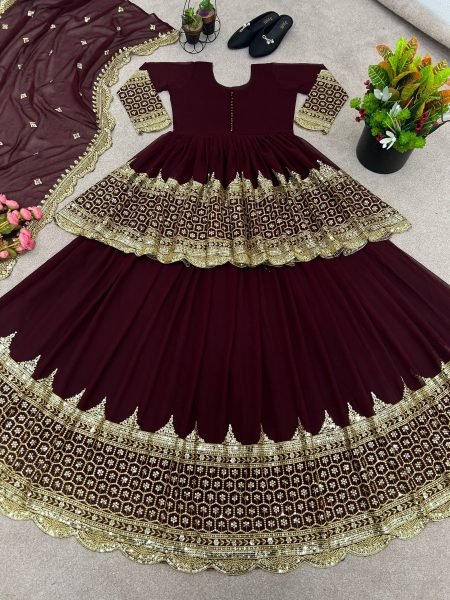 Dapper Maroon Georgette Lehenga with Embroidered Top with Lace Border Dupatta For Special Occasions Ready To Wear Collection