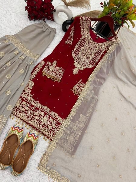 Maroon Georgette Palazzo Set with Heavy Embroidery Perfect for Sangeet & Weddings Ready To Wear Collection