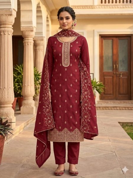 Maroon Jalpari Silk Dress Material with Multi Embroidery Work and Designer Dupatta Dress Material 