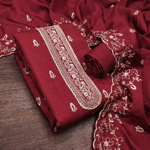 Maroon Jalpari Silk Dress Material with Multi Embroidery Work and Designer Dupatta Color Set Matching Dress Material Wholesale